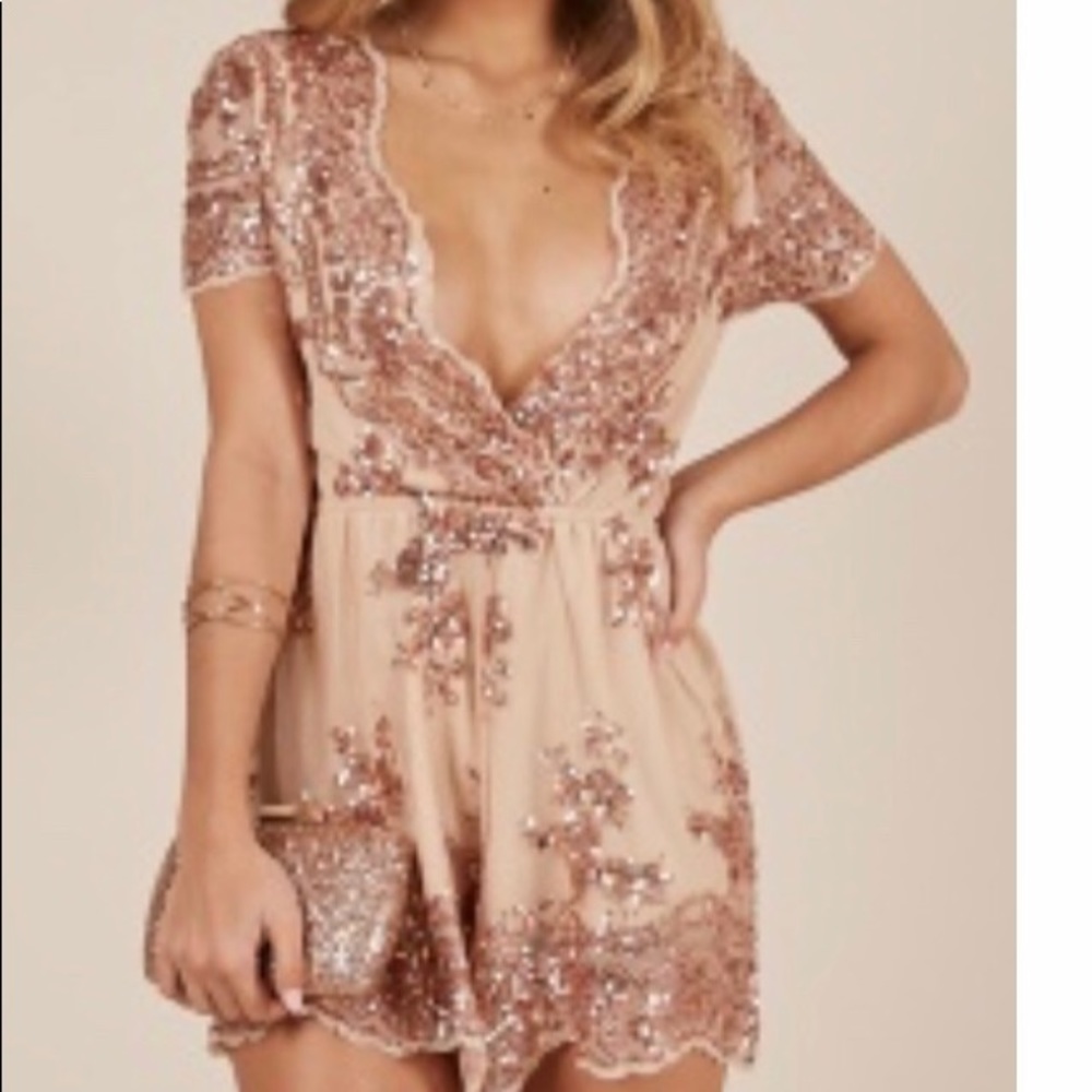 Baby Come Back Playsuit in Rose Gold Sequins